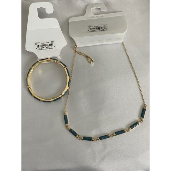 Chaps Gold-Tone Teal Stone Statement Necklace & Stretch Bracelet Set - Picture 4 of 4